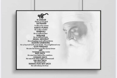 Greyscale Mool Mantar (Sikh prayer) in English with translation