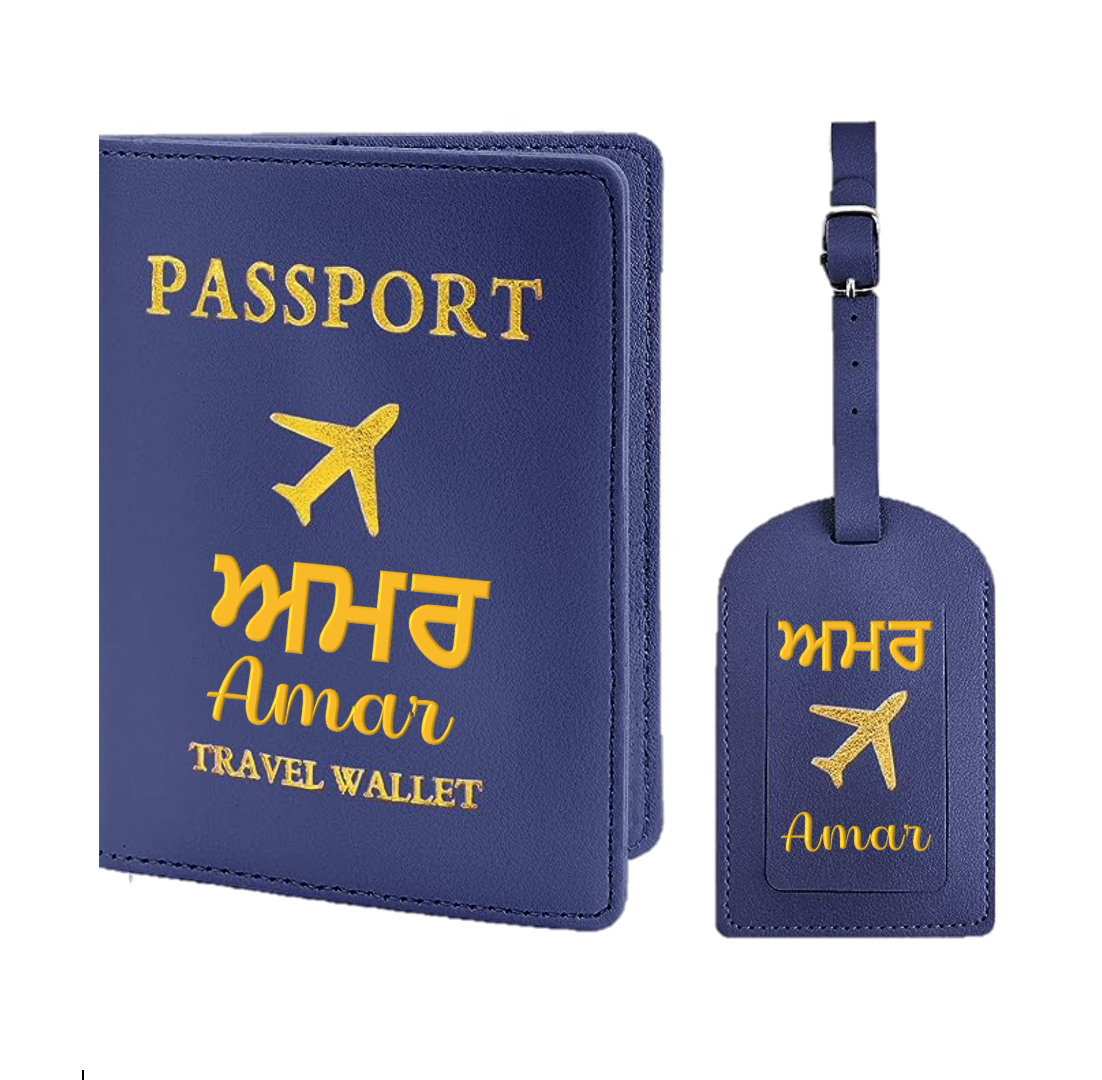 Personalised Gurmukhi blue passport holder and luggage tag Sikhi
